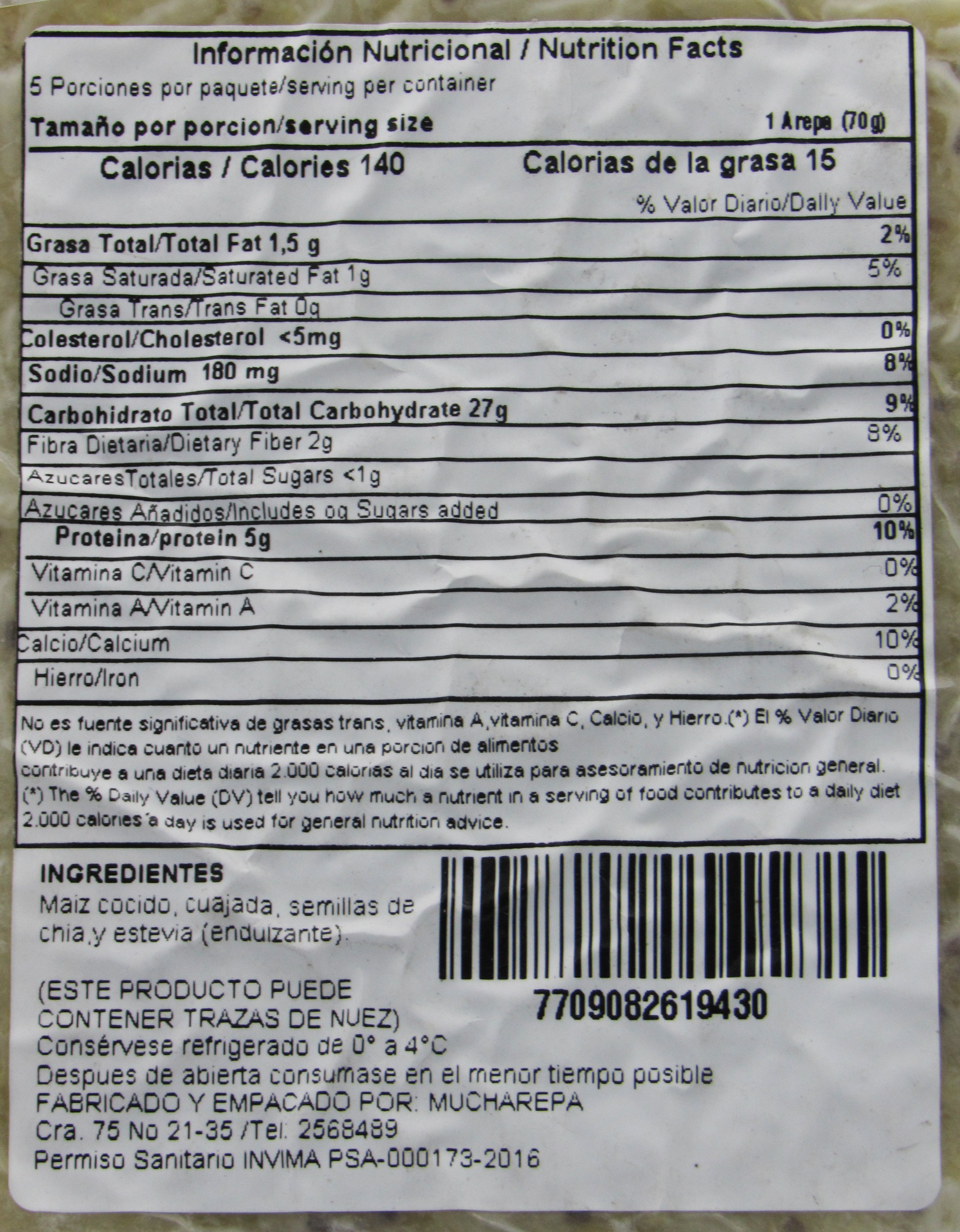 Arepa 350gr x 5 unds (MOLTOVIDA) Cuajada y Semillas de Chía