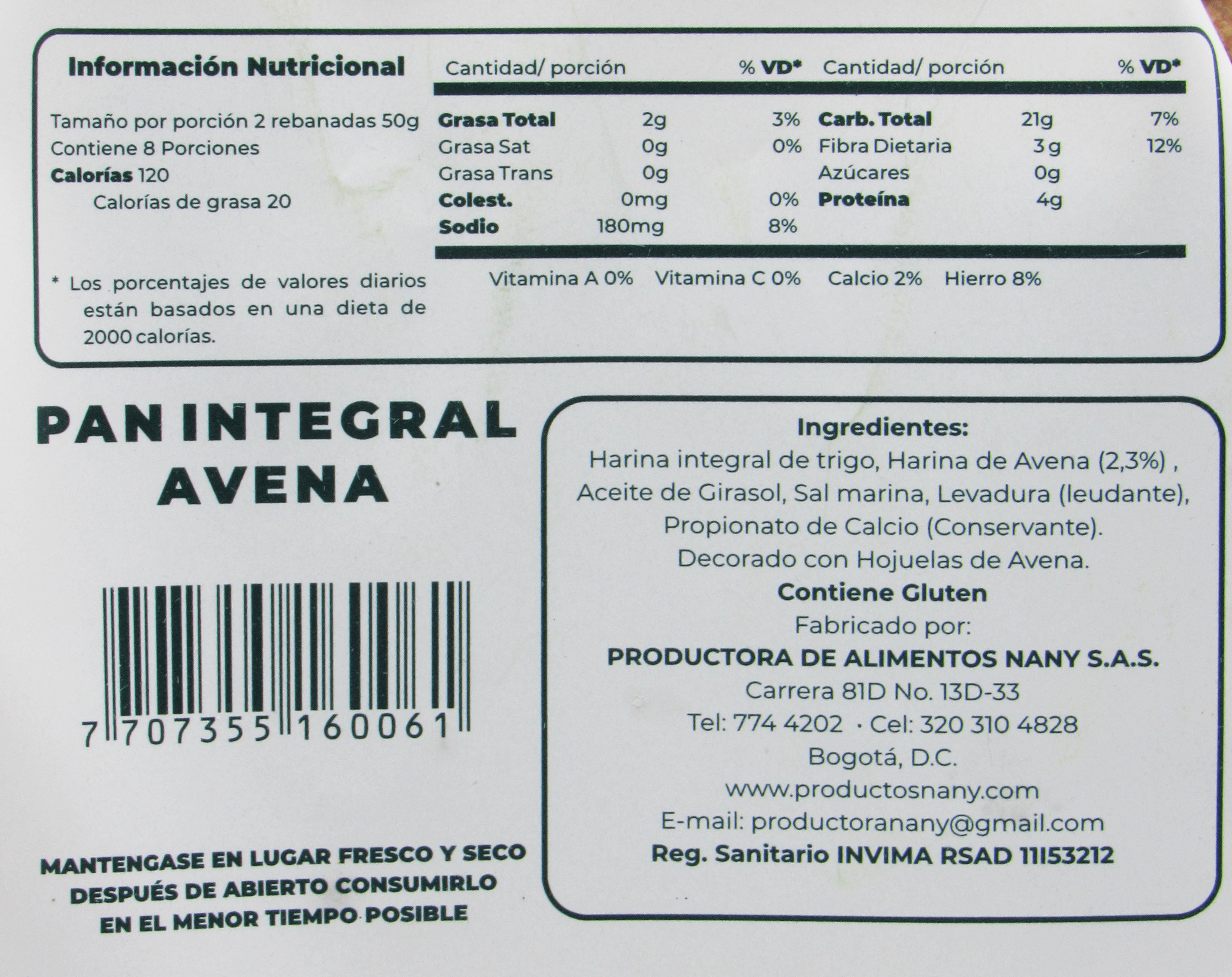 Pan Integral 400gr (INTEGRALES RAY) Avena